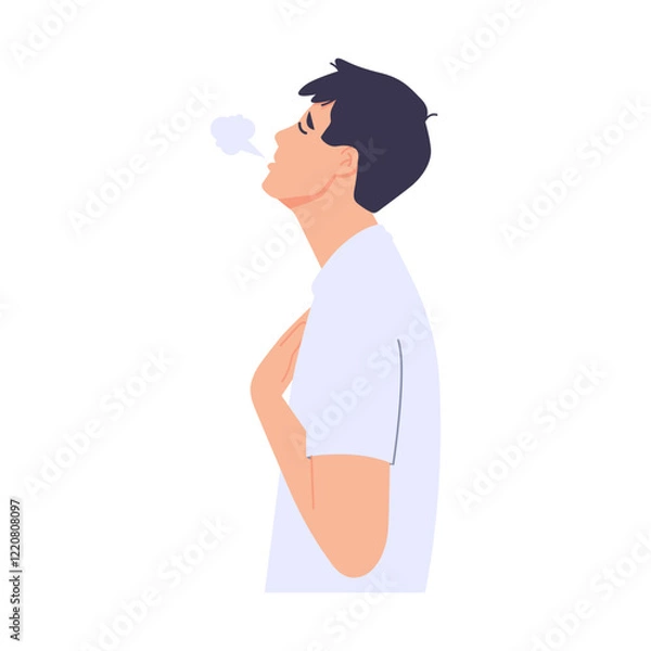 Fototapeta Man with shortness of breath, breathing difficulties, gasping for air, out of breath, struggling to breathe. Vector character illustration. Isolated on white background.