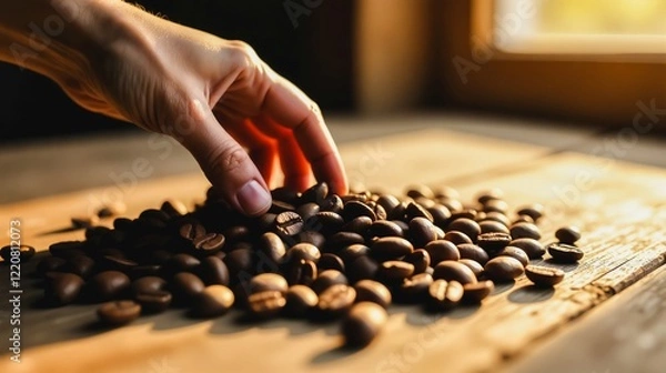 Fototapeta Freshly Roasted Coffee Beans - Close-Up Hand Picking, A close-up shot of a hand gently selecting individual freshly roasted coffee beans from a pile on a rustic wooden surface.