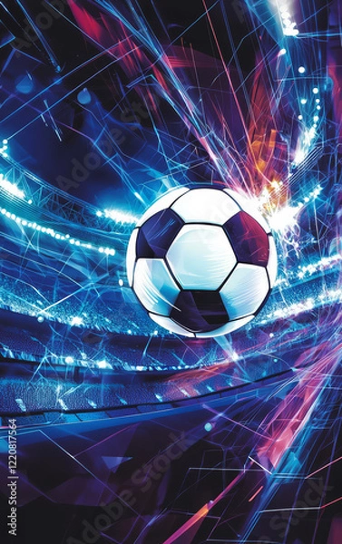 Obraz Football Dynamics: An artistic interpretation showcases a football in the heart of a stadium. Vibrant beams of light create an energetic and dynamic visual.