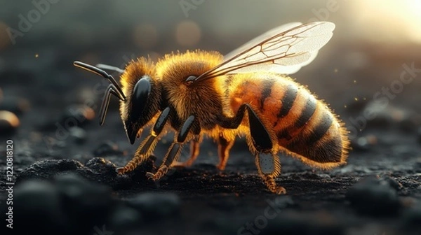 Fototapeta Close-up of a honeybee on a textured surface with soft sunlight illuminating its fur and wings