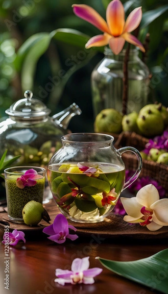 Fototapeta A serene composition featuring a herbal tea infusion, exotic fruits, and vibrant orchids, placed in a tropical environment. The warm tones emanate tranquility and a sense of luxury and relaxation.

