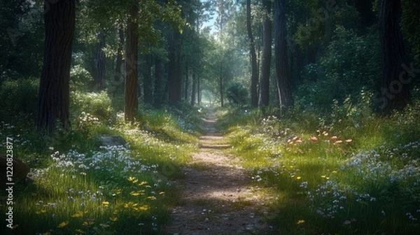 Fototapeta Serene forest pathway lined with wildflowers, sunlight filtering through trees, inviting exploration