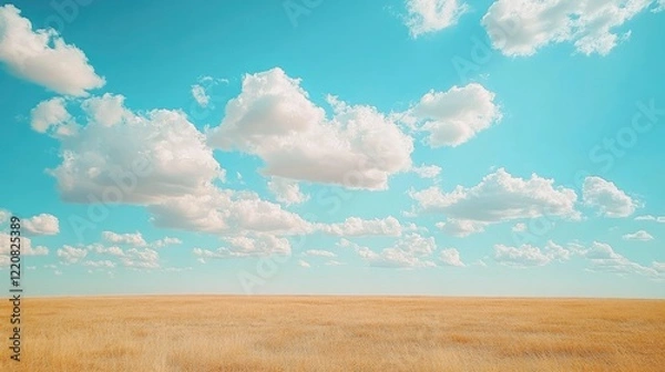 Fototapeta Expansive golden field under a bright blue sky filled with fluffy white clouds, evoking tranquility
