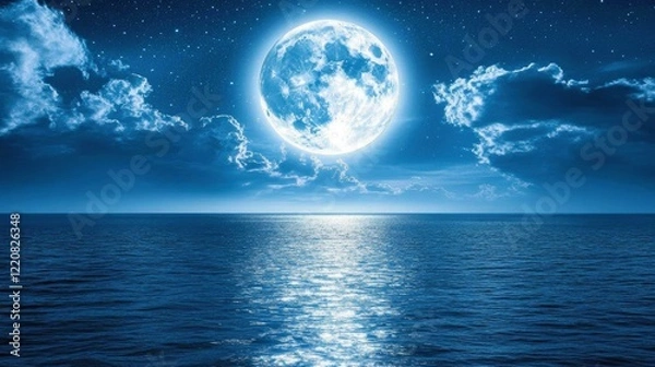 Fototapeta Serene night scene featuring a bright full moon illuminating a calm ocean under a starry sky