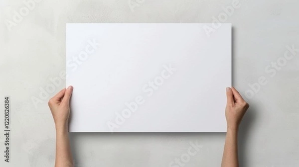 Fototapeta Blank canvas held by hands against a textured wall background.