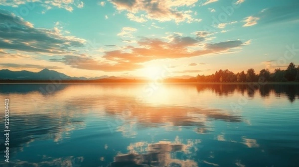 Fototapeta Serene sunset over a tranquil lake with reflections, surrounded by mountains and trees