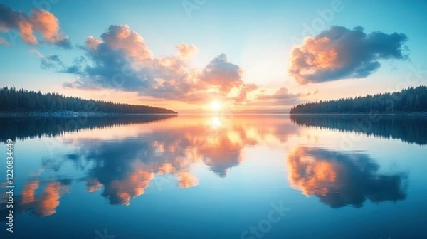 Fototapeta Serene sunrise over a tranquil lake, reflecting colorful clouds and a lush forest in the background