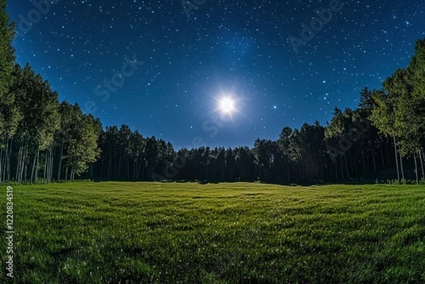 Fototapeta Serene night scene with a bright moon illuminating a grassy meadow surrounded by tall trees
