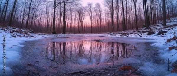 Fototapeta Serene winter landscape with a frozen pond reflecting trees at dusk in a tranquil forest setting