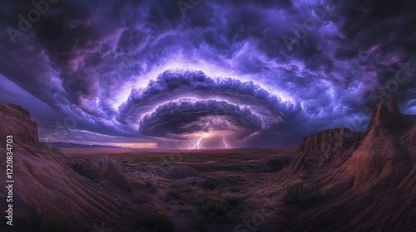 Fototapeta Dramatic Thunderstorm Over Rugged Desert Landscape with Lightning Strikes and Dark Clouds