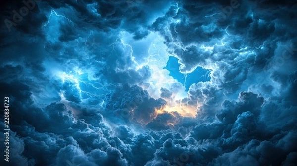 Fototapeta Dramatic storm clouds illuminated by lightning and sunlight breaking through in a vibrant sky