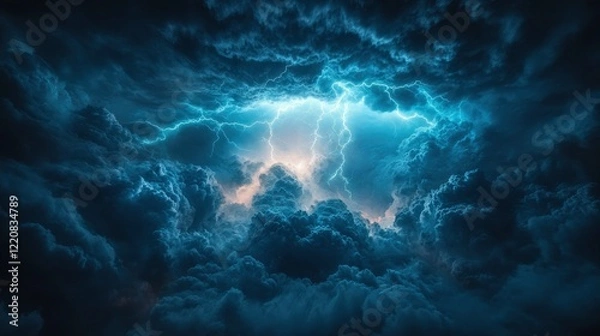 Fototapeta Dramatic thunderstorm clouds illuminated by lightning, creating a captivating natural spectacle