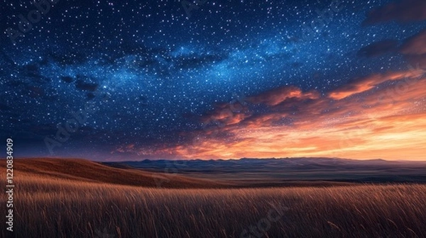 Fototapeta Majestic twilight landscape with stars and vibrant clouds over rolling hills in a serene setting