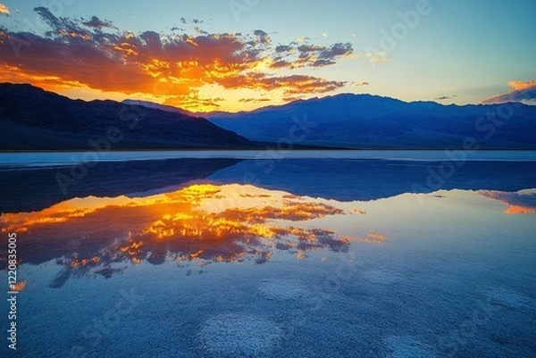 Fototapeta Sunset over a tranquil salt flat reflecting vibrant colors and distant mountains in a serene landscape