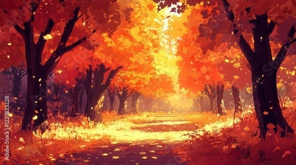Fototapeta Vibrant autumn forest path illuminated by golden sunlight, surrounded by colorful foliage and serenity