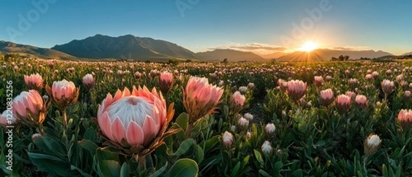 Fototapeta Vibrant field of protea flowers blooming under a sunset with mountains in the background
