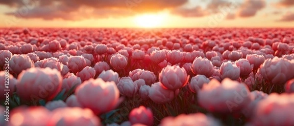 Fototapeta Vibrant field of blooming tulips at sunset, showcasing nature's beauty and tranquility
