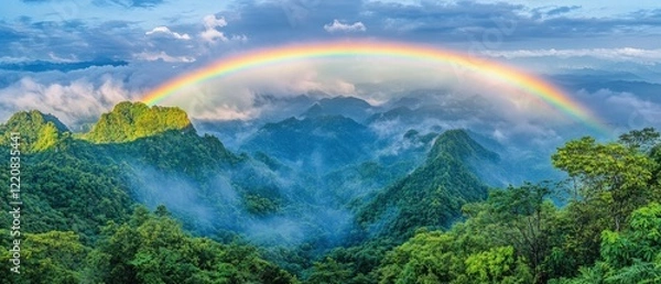 Fototapeta Majestic rainbow arches over lush green mountains and misty valleys, capturing nature's beauty