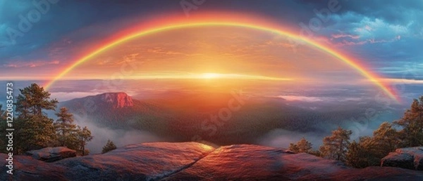 Fototapeta Breathtaking sunset over mountains with a vibrant rainbow arching across the sky, serene landscape