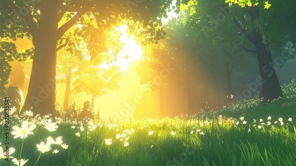 Fototapeta Serene sunlit forest scene with vibrant flowers, golden rays filtering through trees, peaceful ambiance