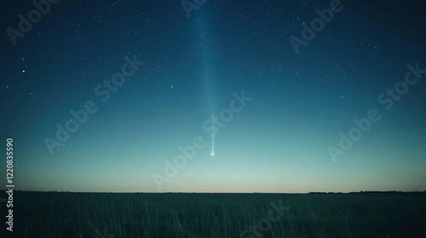 Fototapeta A stunning comet streaks across a starry night sky over a serene, open field landscape