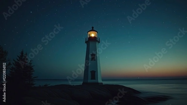 Fototapeta Serene lighthouse illuminating the night sky, surrounded by calm waters and distant stars