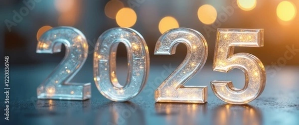 Fototapeta The shimmering numbers 2025 are crafted from transparent material, glowing softly with embedded lights against a blurred background of warm bokeh. This captivating image radiates a sense of hope and