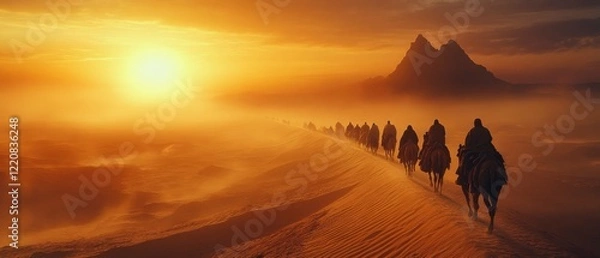 Fototapeta Camel caravan traversing golden desert at sunset, with mountains in the background and mist