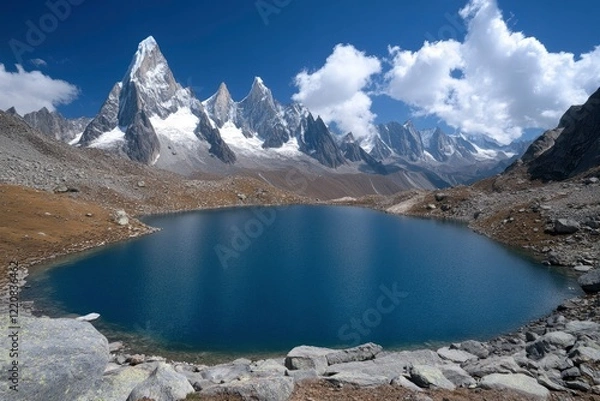 Fototapeta Majestic mountain landscape with a serene blue lake reflecting towering peaks under a vibrant sky