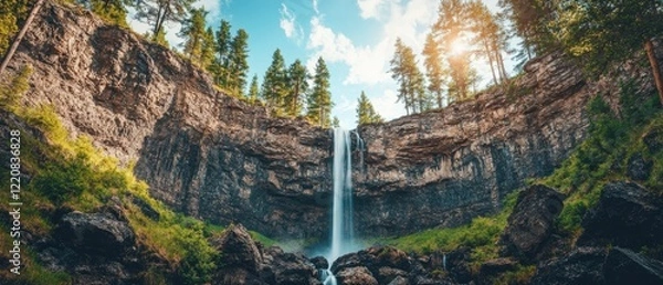 Fototapeta Majestic waterfall cascading down rocky cliffs surrounded by lush greenery and bright blue skies