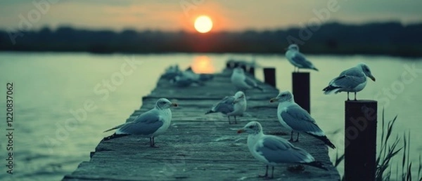 Fototapeta Serene sunset over a calm lake with seagulls perched on a wooden pier, reflecting tranquility
