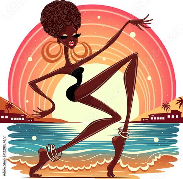 Fototapeta African American woman dancing on the background of the ocean and sun. sunny vector illustration poster