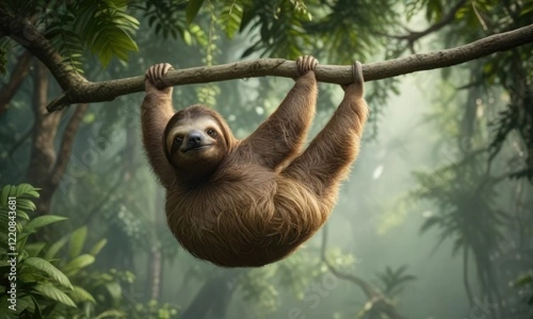 Fototapeta A brown-throated sloth suspended from a sturdy branch in the midst of dense foliage , natural habitat , hanging upside down, dense vegetation