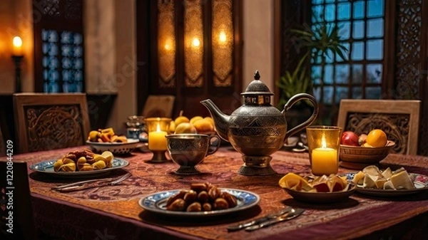 Fototapeta A beautiful table setting for an Iftar meal, featuring traditional dishes, dates, fruits, and a teapot with cups. The warm