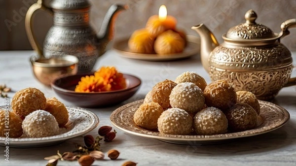 Fototapeta A close-up of a plate of beautifully arranged Eid desserts, such as maamoul, baklava, and coconut balls, with a teapot and decorative lanterns in the background. The setting is bright and inviting