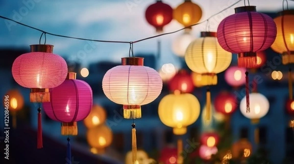 Obraz Traditional Chinese lanterns in authentic Asian aesthetics. Festive backdrop for the Latern Festival, celebrating with lanterns aglow.