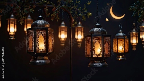Fototapeta A collection of ornate lanterns (fanous) glowing with warm light, surrounded by crescent moon and star decorations. The backdrop is dark, creating a festive yet peaceful Ramadan ambiance