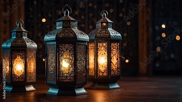 Fototapeta A collection of ornate lanterns (fanous) glowing with warm light, surrounded by crescent moon and star decorations. The backdrop is dark, creating a festive yet peaceful Ramadan ambiance