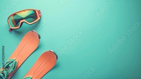 Fototapeta An extremely close-up of ski goggles and skiblades on an olive green background with plenty of room for backdrop or textual applications, Generative AI.