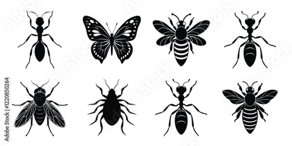 Obraz Set of insect icons silhouette illustration. Insects vector collection