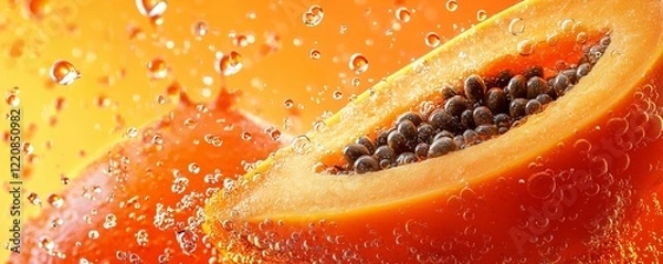 Fototapeta Fresh Papaya Slice in Sparkling Water with Bubbles and Orange Background