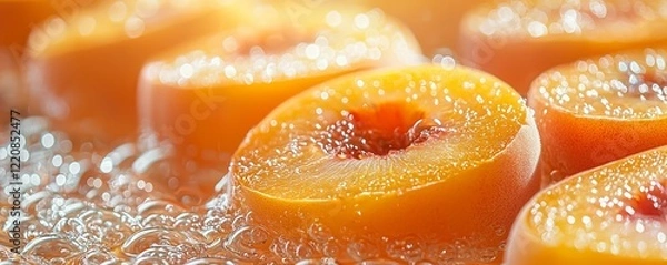 Fototapeta Fresh Peach Slices Bubbles in Sparkling Water Summer Refreshment
