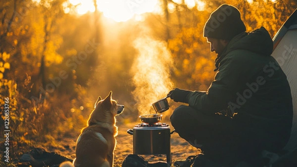Fototapeta camper cooking simple meal with dog in golden autumn setting
