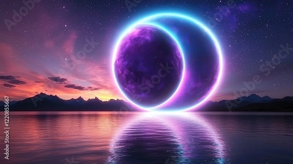 Fototapeta Parade of Planets of A stunning cosmic scene featuring ethereal rings, a dark planet, and a vibrant sunset reflected on tranquil water.