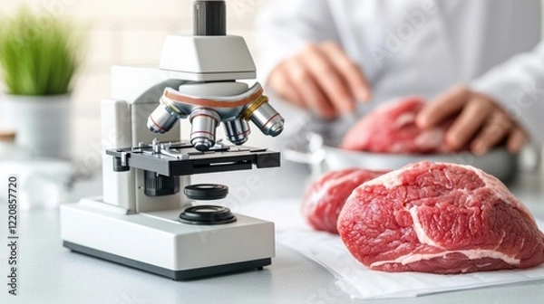 Fototapeta Monitoring of food safety inspections. Microscope examining raw meat samples