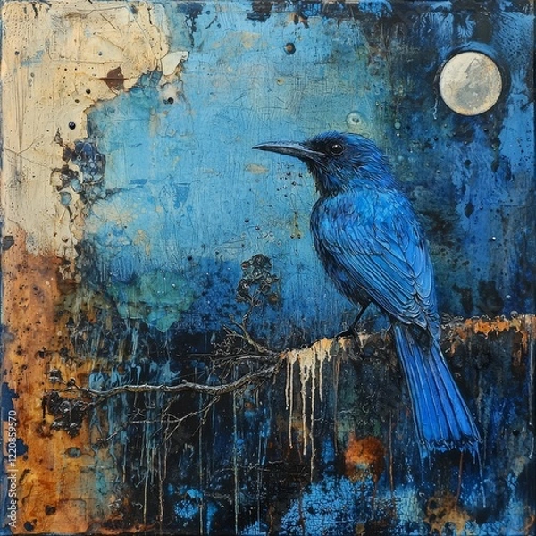 Fototapeta Majestic blue bird perched on a branch night sky digital art artistic environment close-up nature inspiration