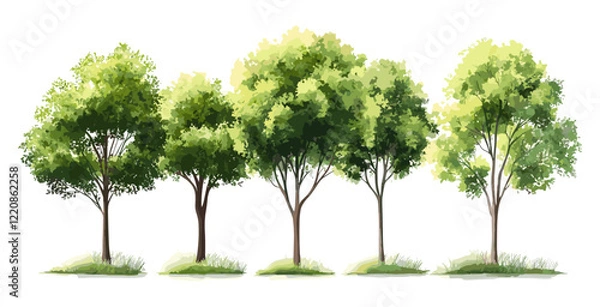 Fototapeta Vector illustration of green tree or forest in side view, watercolor style isolated on white background, landscape elements, garden shrub for environmental design, architecture drawing.