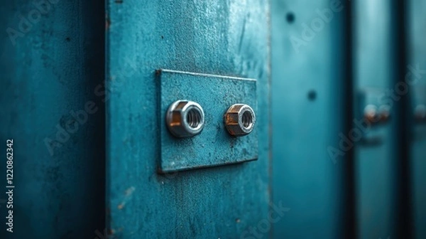 Fototapeta An engaging close-up of textured metal surfaces featuring connections, emphasizing the industrial design and the interplay of materials in a rich visual narrative.