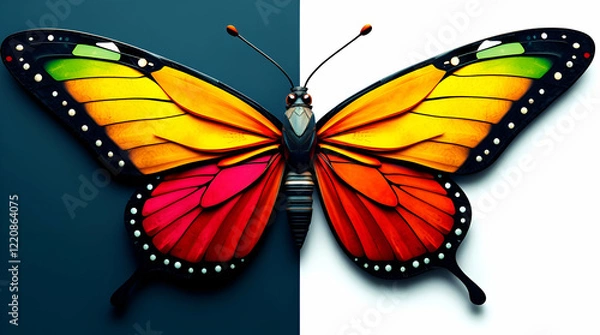 Fototapeta Futuristic, colorful butterfly in the natural environment. A Cinematic Butterfly in Nature's Glow, A Vibrant Winged Butterfly in a Dreamy Forest.