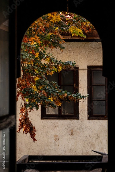 Obraz Arched view of autumn leaves and old windows. A cozy scene framed by an arch, showcasing vibrant autumn leaves and rustic wooden windows on a textured wall.